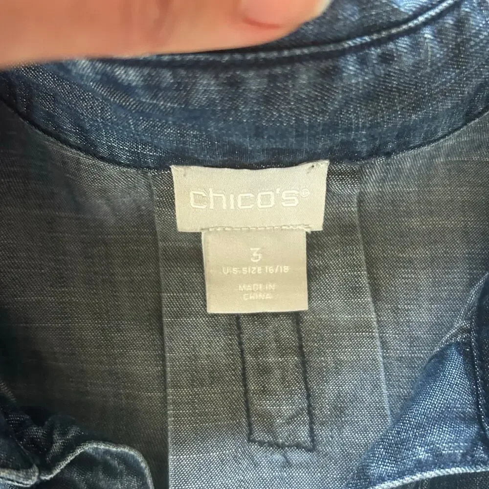 Chico's 3 Blue chambray style V-neck 3/4 sleeve long tunic shirt relaxed fit - Picture 2 of 7